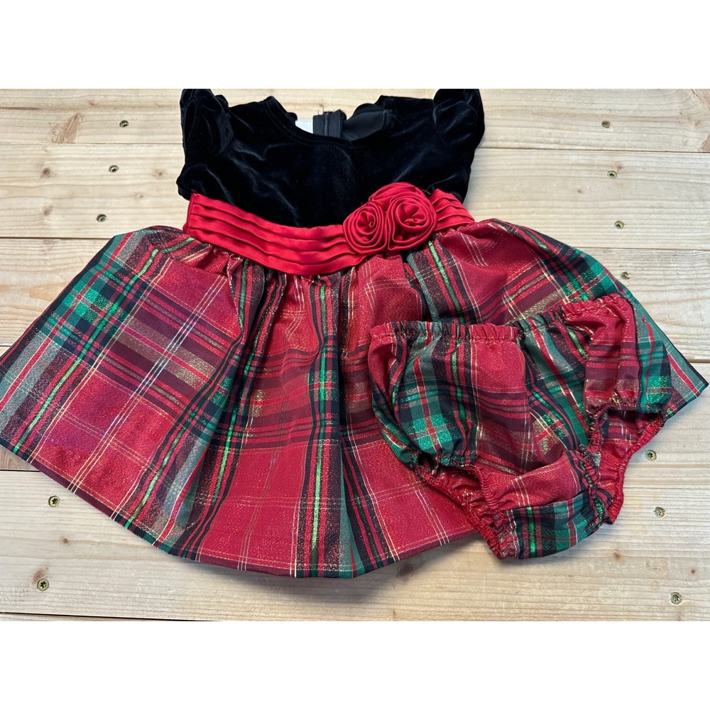 Bonnie Baby 3-6M Black Velvet‎ Plaid Christmas Holiday Dress Bloomer Set